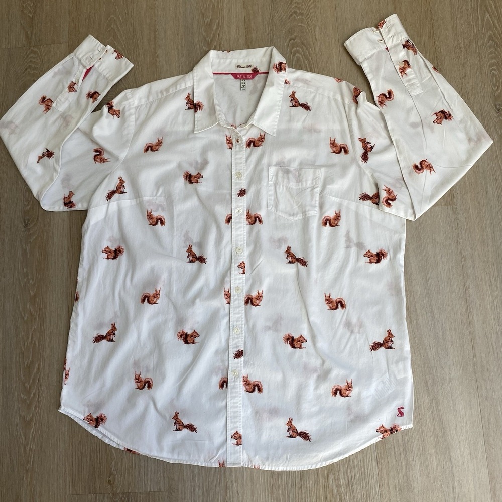 Joules Womens Squirrel Novelty Print Shirt SZ US 14 Animal Print White Button Up